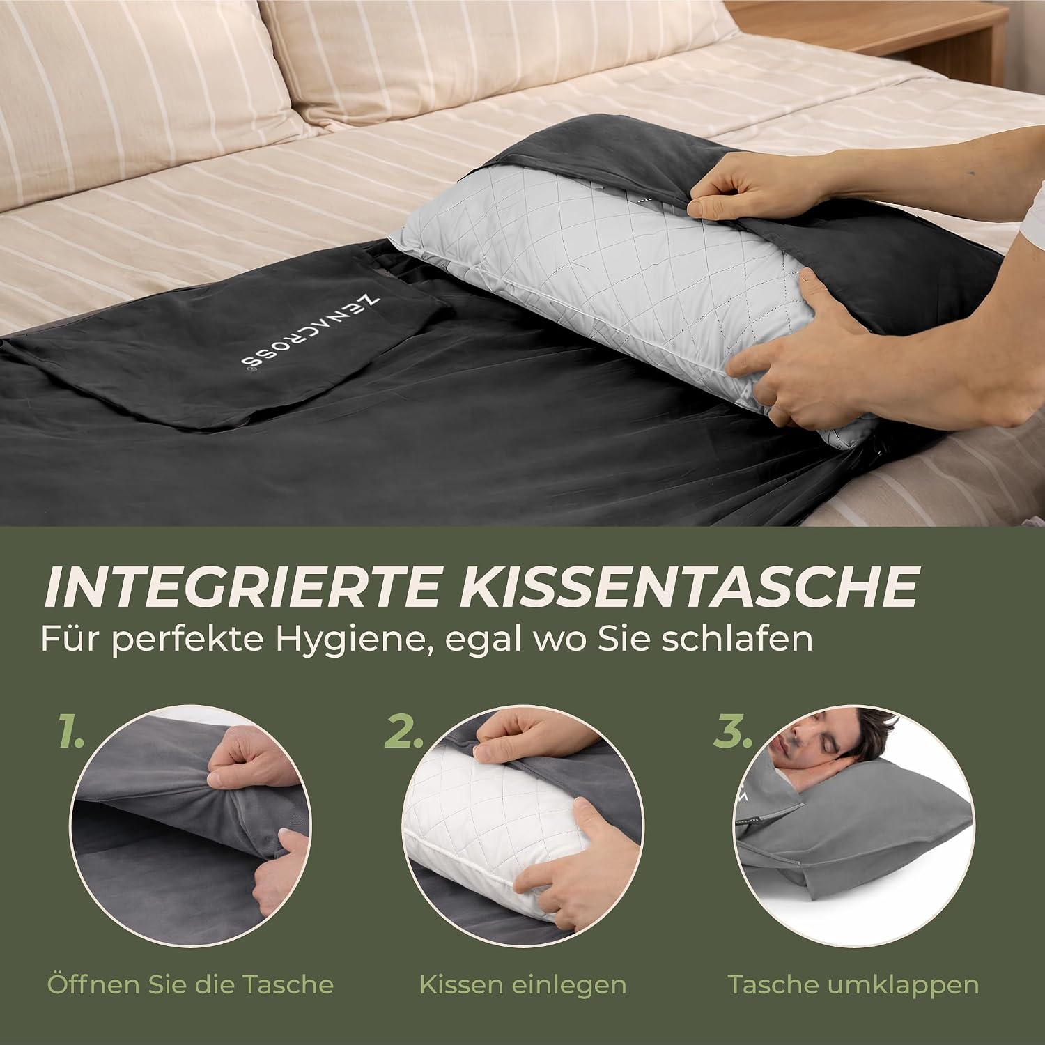 Thumbnail 3 de ZENACROSS Hüttenschlafsack Ultraleicht Mikrofaser – Schlafsack-Inlett mit integriertem Kissenfach (Sommer)