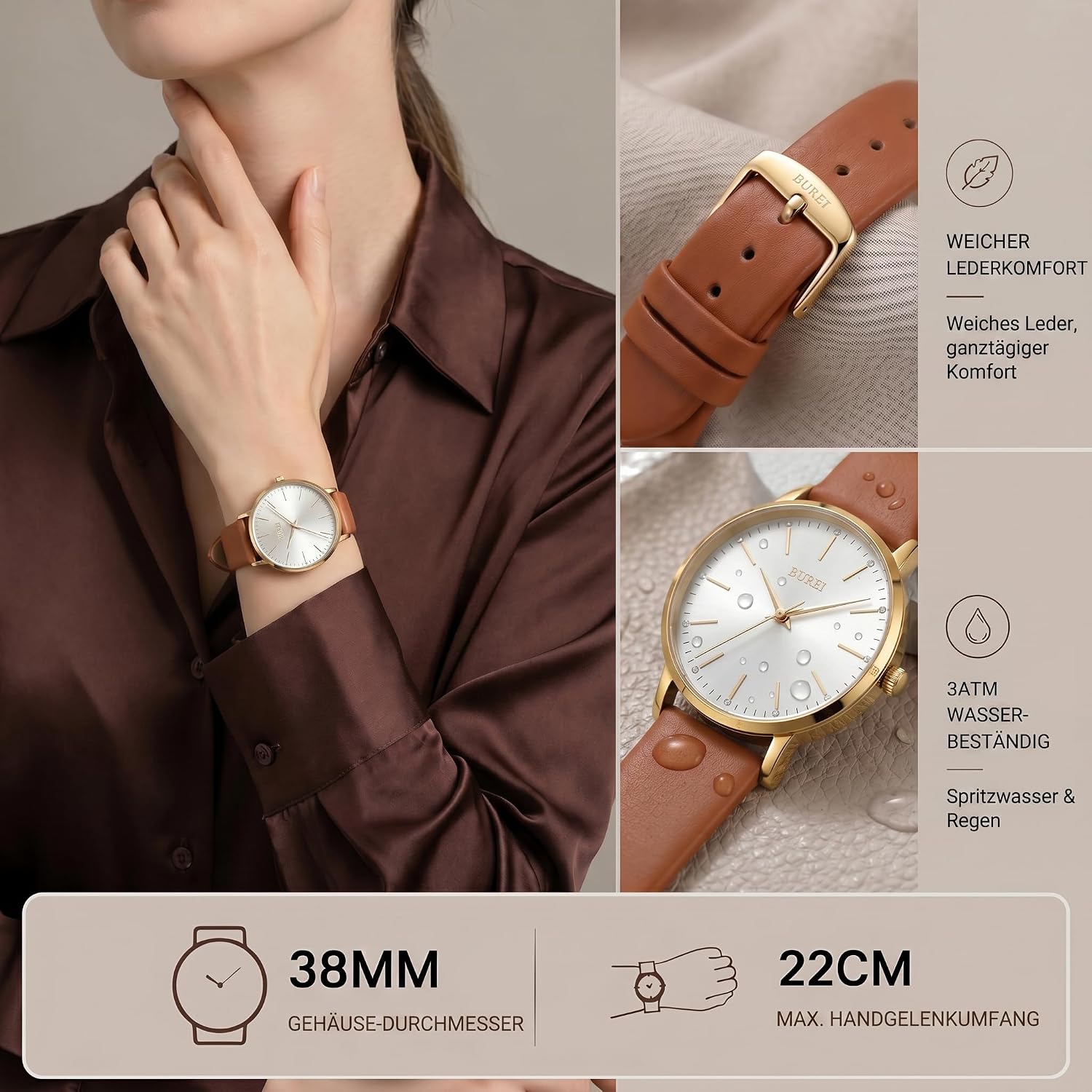 Thumbnail 4 de BUREI Montres Dames Mode Simple analogique – Montre cuir quartz étanche 3ATM