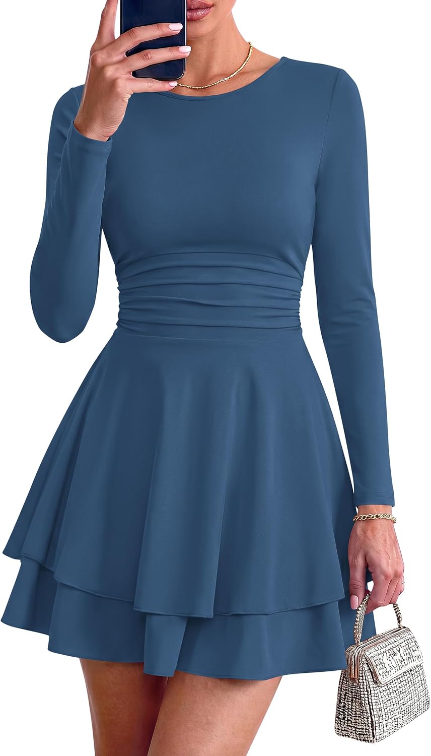 Detalle de PRETTYGARDEN Long Sleeve Mini Dress, Crewneck