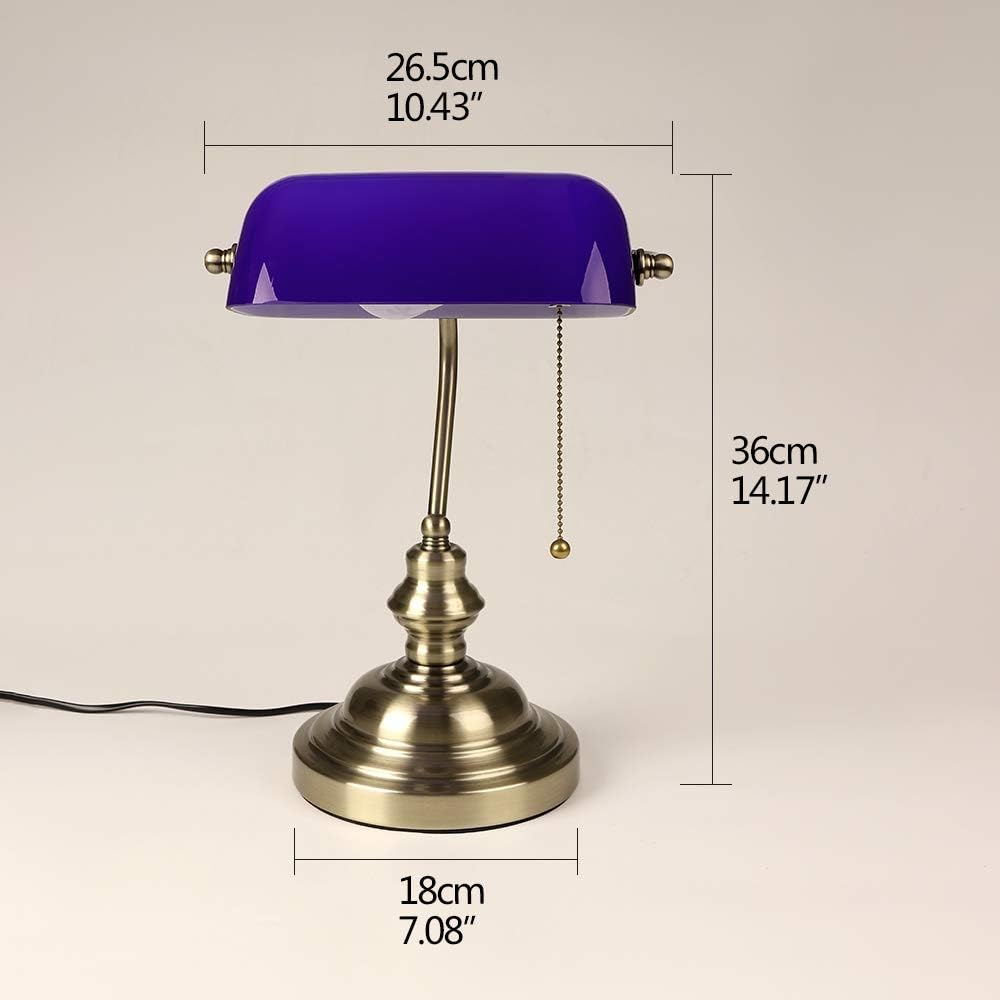 Detalle de FIRVRE Tischlampe Blau Glas Vintage – Bankerlampe mit Zugkettenschalter
