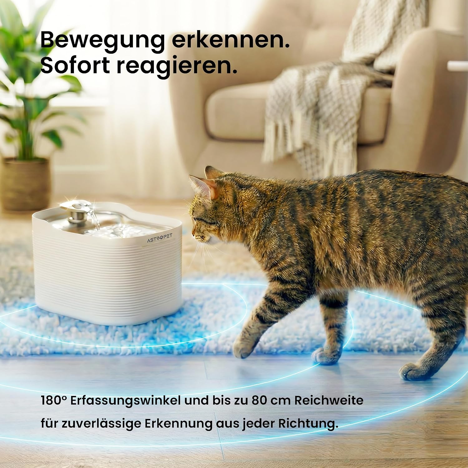 Detalle de AstroPet 2,5L Katzenbrunnen Kabellos mit Bewegungsmelder – Edelstahl, 5200 mAh Akku, leise & filtertiges Trinkbrunnen-System