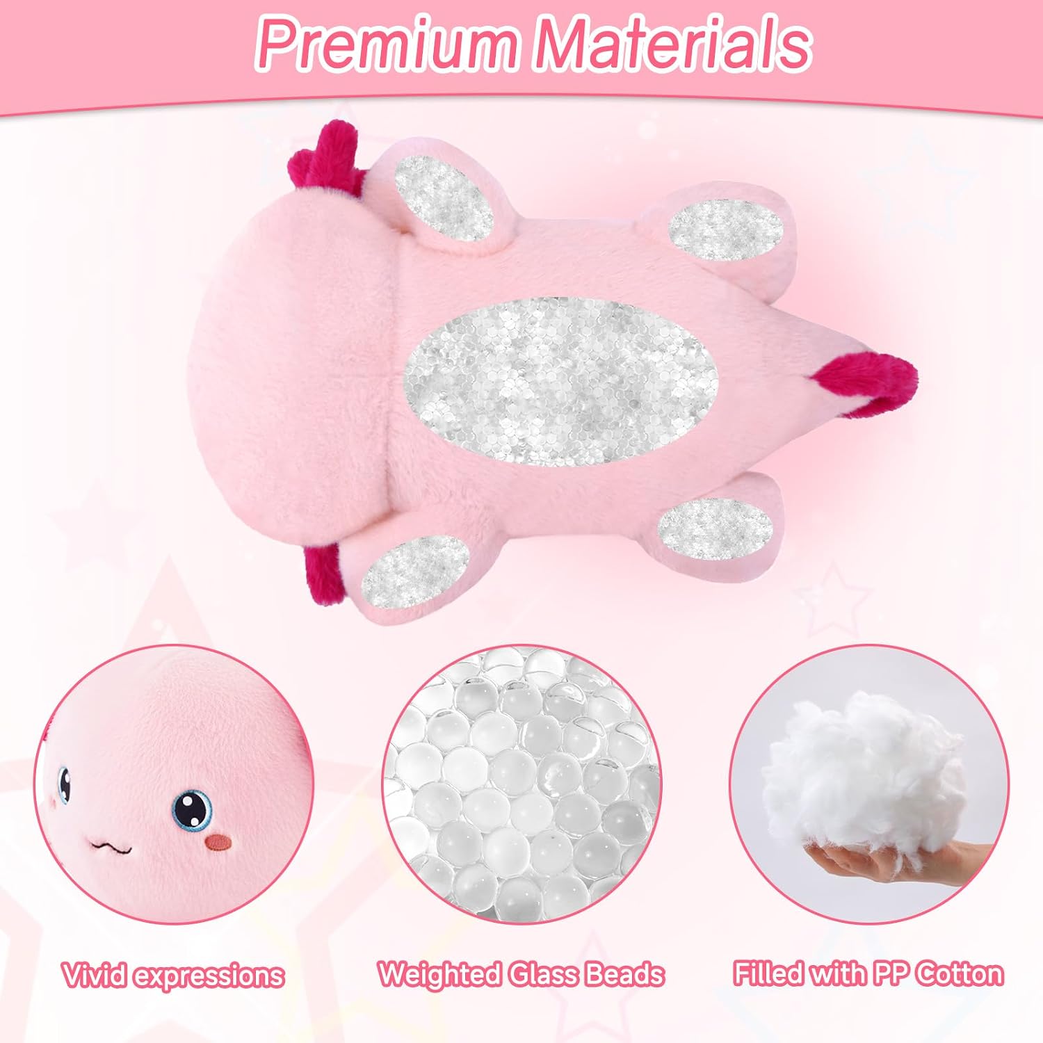 Detalle de SQEQE Weighted Pink Axolotl Plush: Soft Weighted Comfort in 35cm