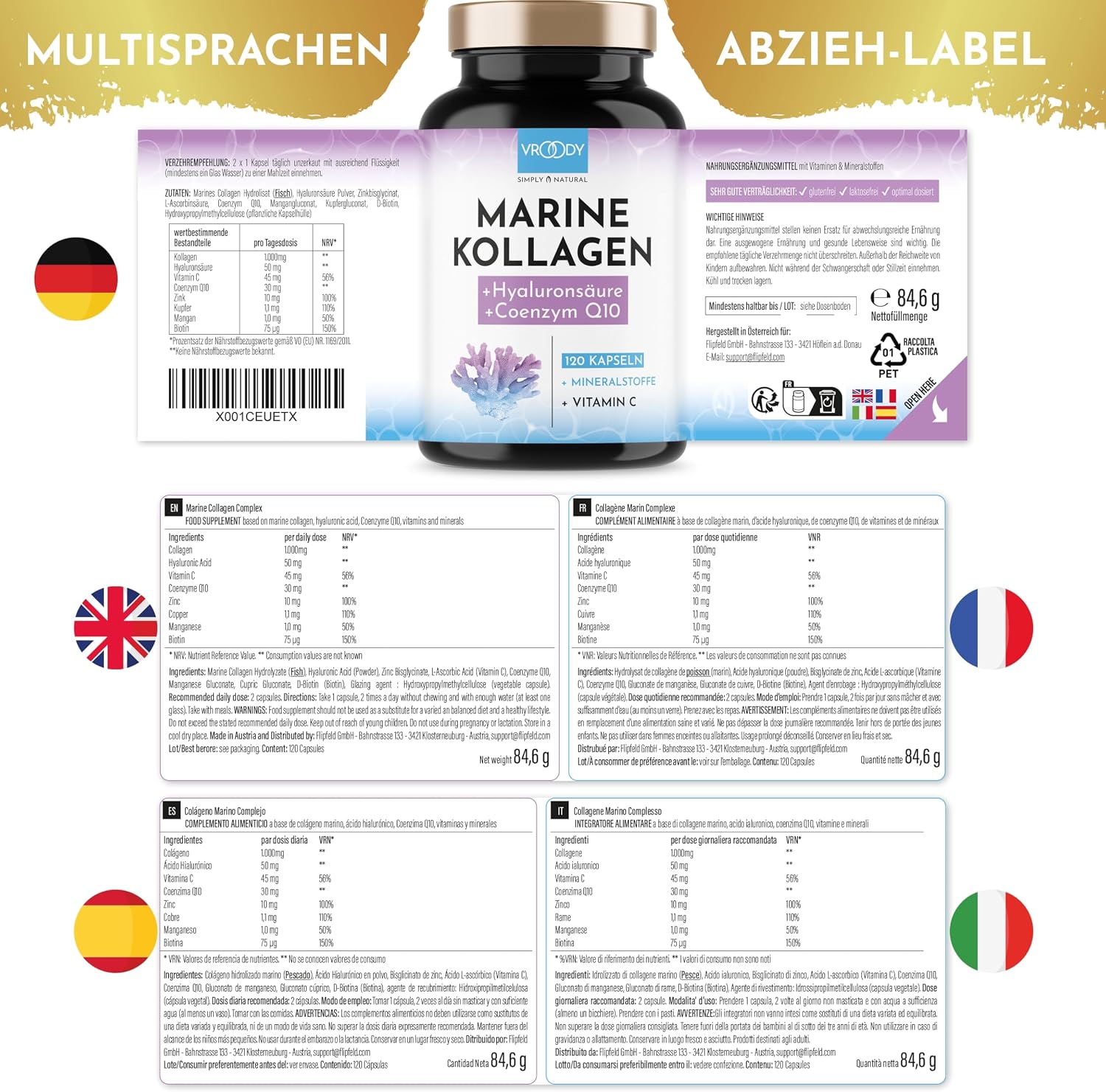 Detalle 2 de Premium Marine Kollagen Kombo 1000 mg + Q10 mit Hyaluronsäure, Kupfer, Mangan, Vitamin C, Zink & Biotin (Made in Austria)