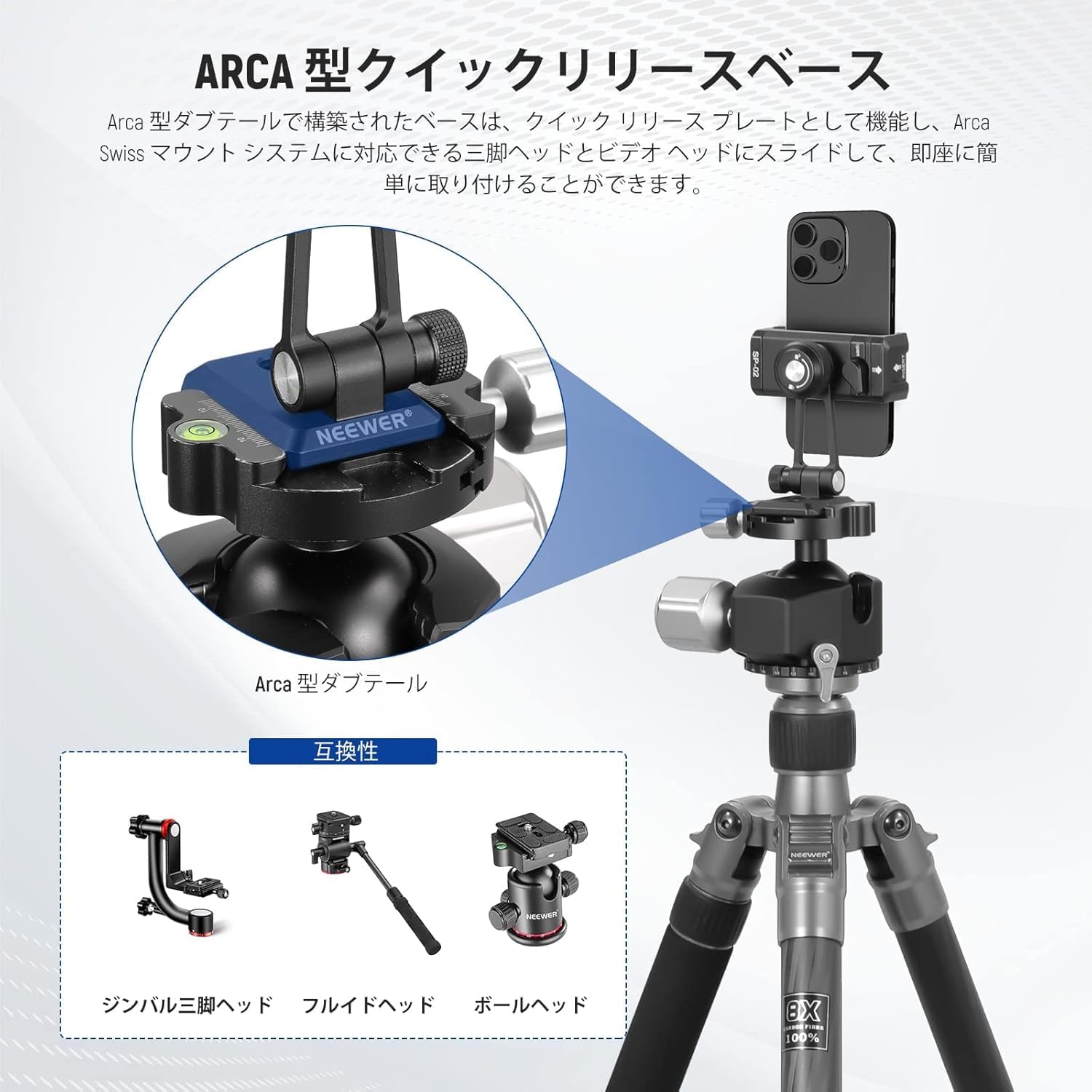 Detalle 1 de NEEWER SP-02 スマートフォン三脚ホルダー アルミ製・コールドシュー・アルカタイプベース