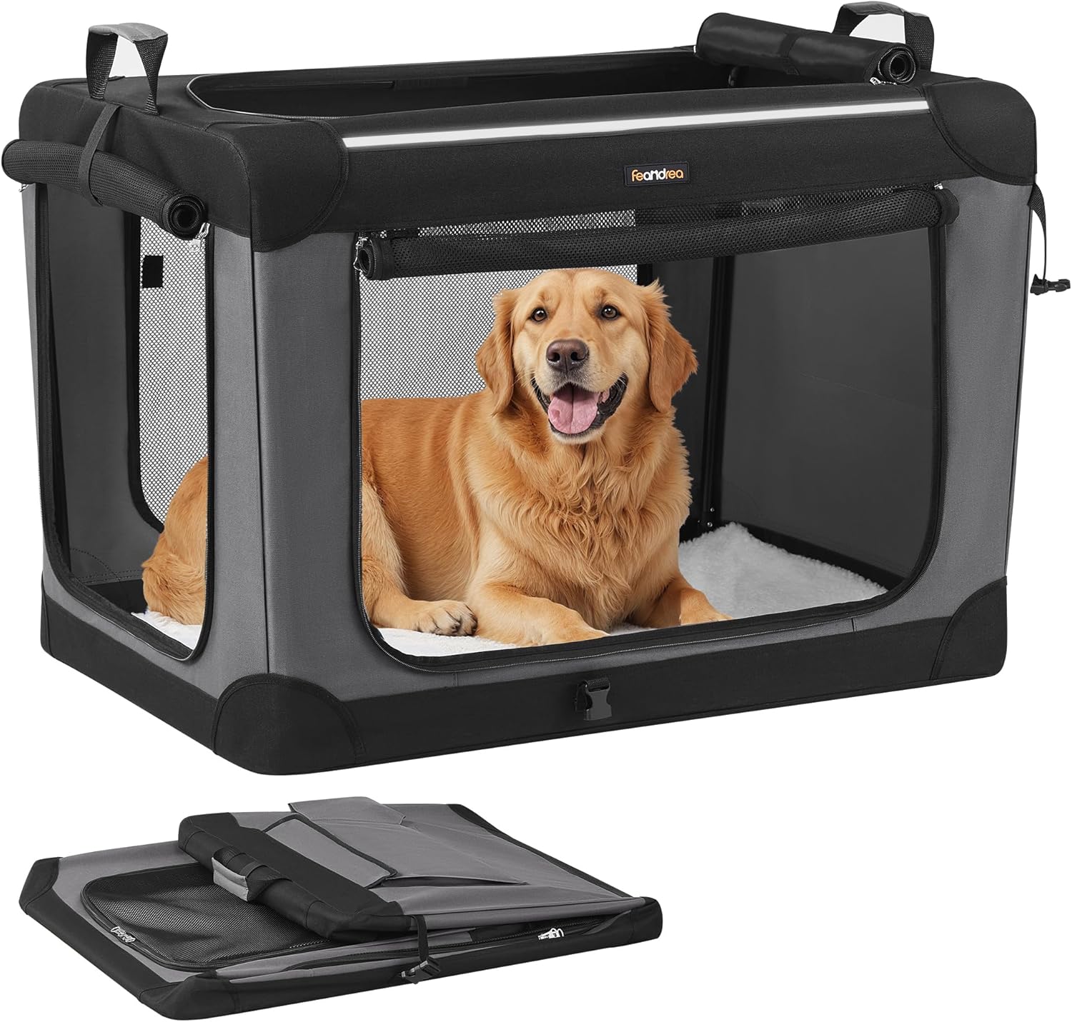 Detalle de Feandrea faltbare Hundebox 91,4 cm: Transportbox für große Hunde (bis 35 kg) mit 4 Netztüren, Oxford-Gewebe