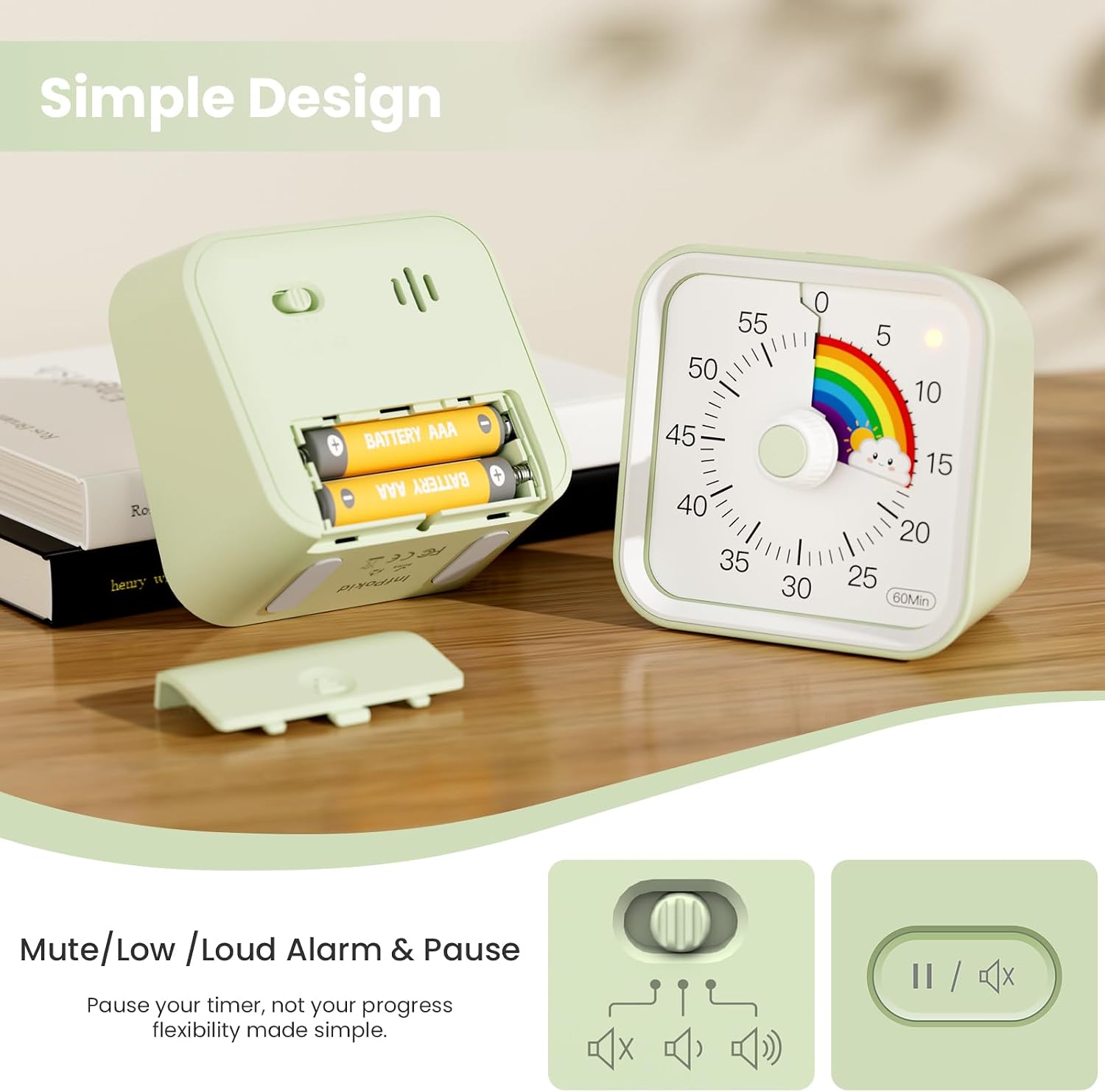 Detalle de Visual Timer for Kids with Pause Function (Rainbow Green) – 60 Minute Visual Countdown