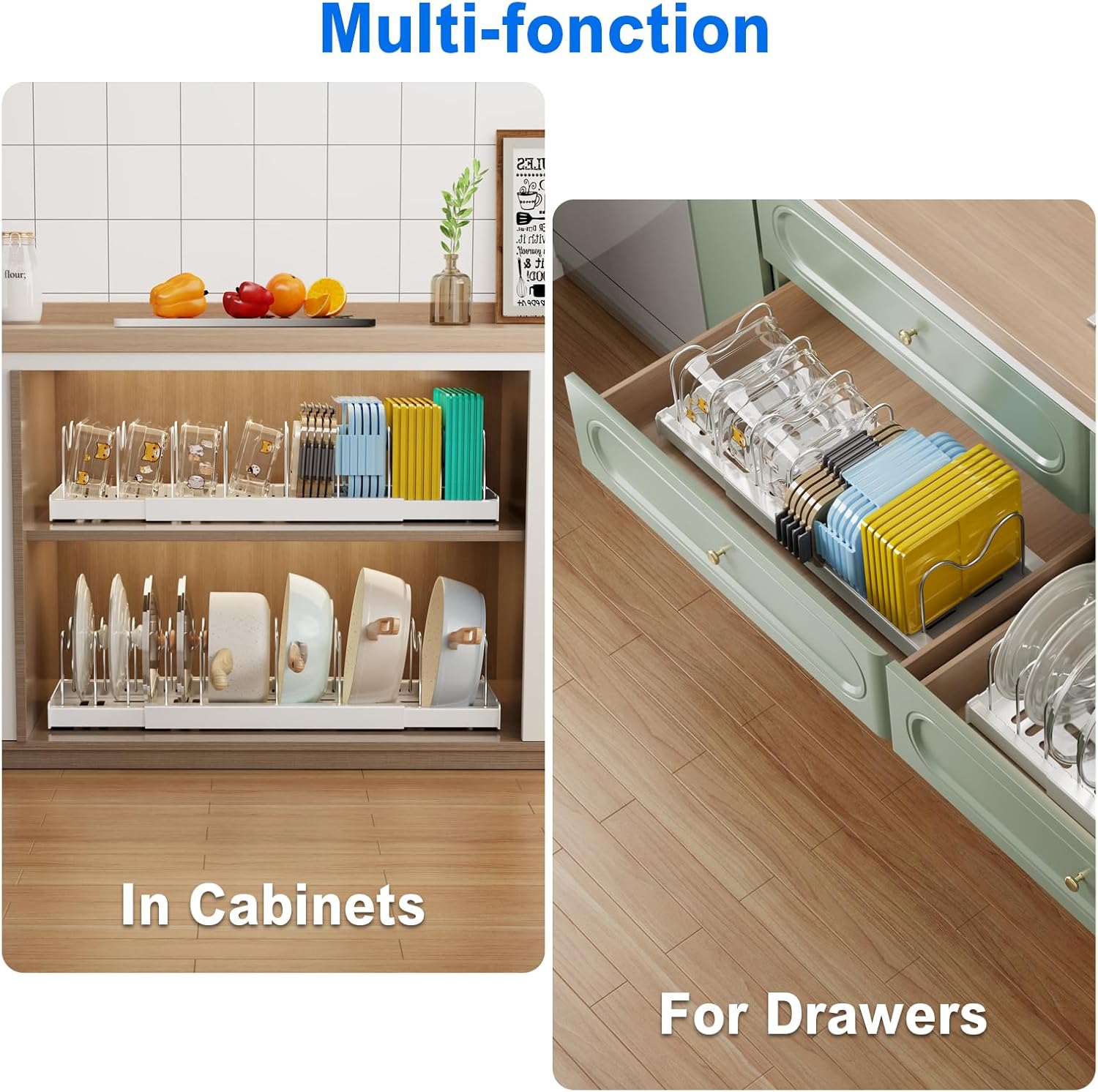 Thumbnail 2 de Mustorn 2-Pack Expandable Pots and Pans Organizer with 9 Adjustable Dividers (Under-Cabinet Lid Holders) – White