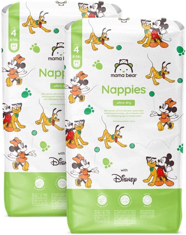 Detalle de Amazon Brand - Mama Bear Disney Ultra Dry Nappies Size 4 (8-14 kg), 168 Count (2 Packs of 84) with Disney patterns
