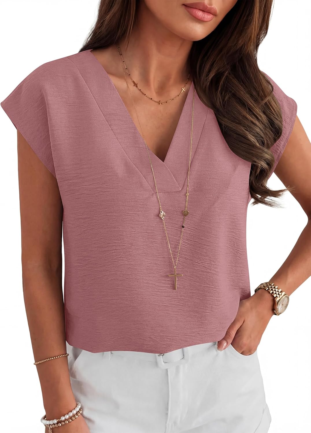 Thumbnail 5 de ANRABESS Women’s Cap Sleeve V-Neck Dressy Casual Tops (Loose Fit, 100% Polyester)