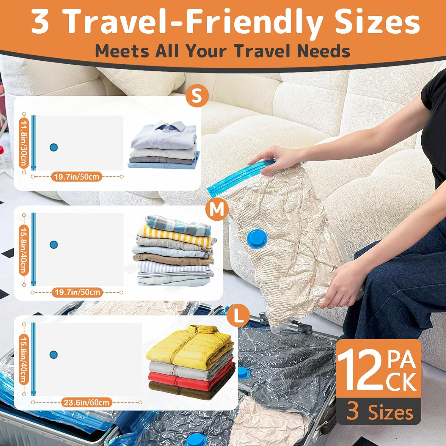 Detalle 2 de 12 Pack Vacuum Bags for Travel with Rechargeable Air Pump