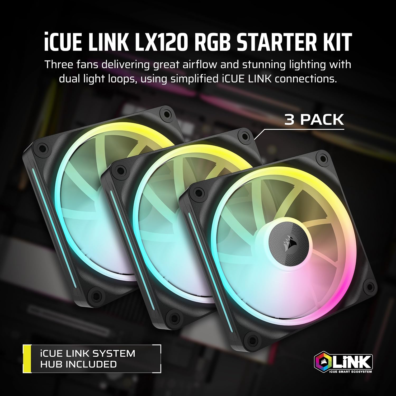 Detalle de CORSAIR iCUE LINK LX120 RGB 120 mm PWM Ventole (confezione tripla) con doppio anello luminoso e hub iCUE LINK
