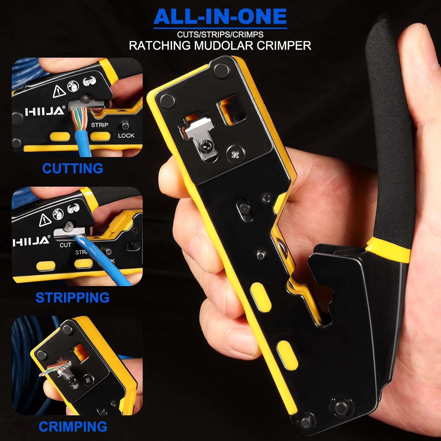 Thumbnail 2 de Hiija Pinza crimpatrice RJ45 passante con tester, 50 connettori e 50 coperture (Cat5/5e/Cat6)