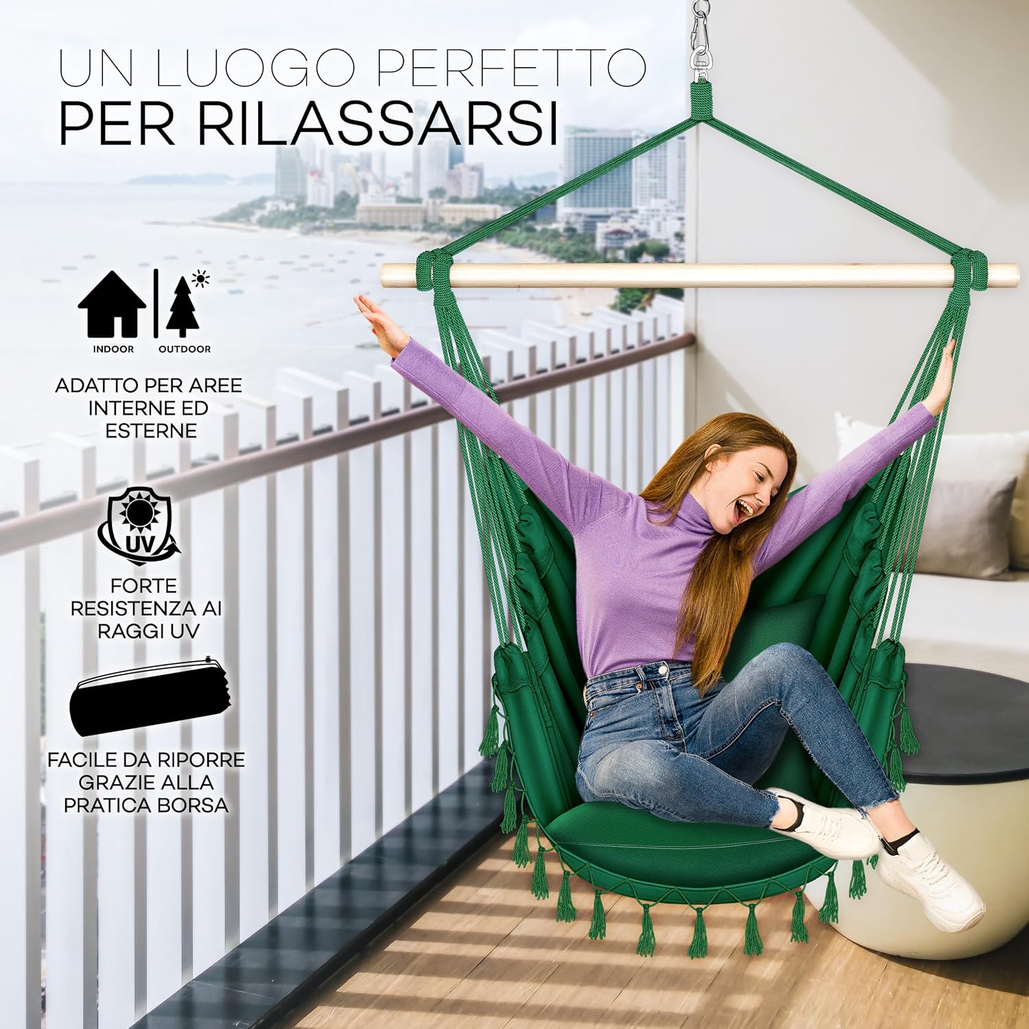 Thumbnail 6 de Tillvex Poltrona Sospesa 200kg da Appendere con 2 cuscini - Verde