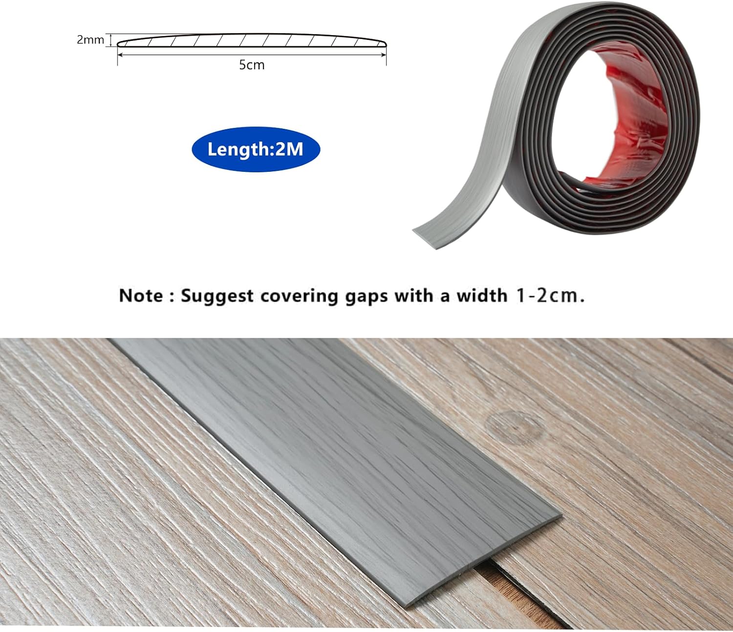 Detalle 2 de PVC Floor Transition Strip (5cm Wide × 2mm Thick) Self-Adhesive Laminate Floor Edge Trim, 2m, Grey Wood Grain