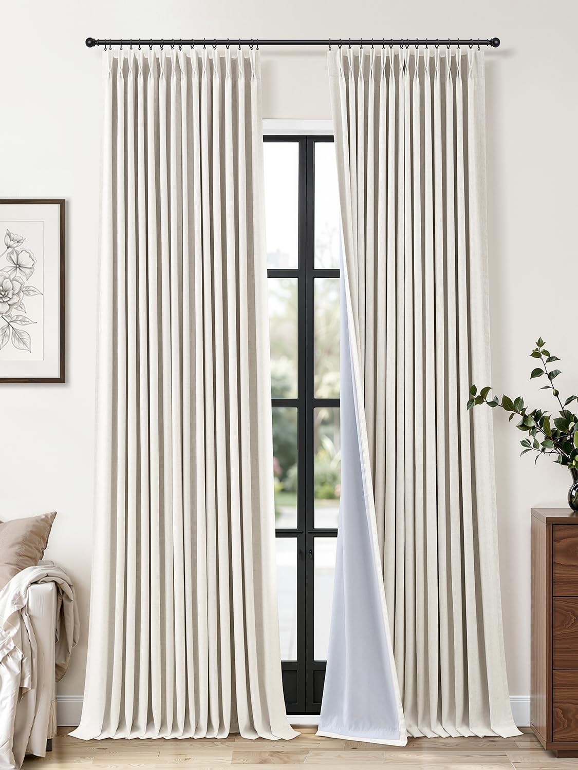 Detalle de Jowels Pinch Pleated Blackout Linen Curtains, 102-Inch, Natural, 2 Panels
