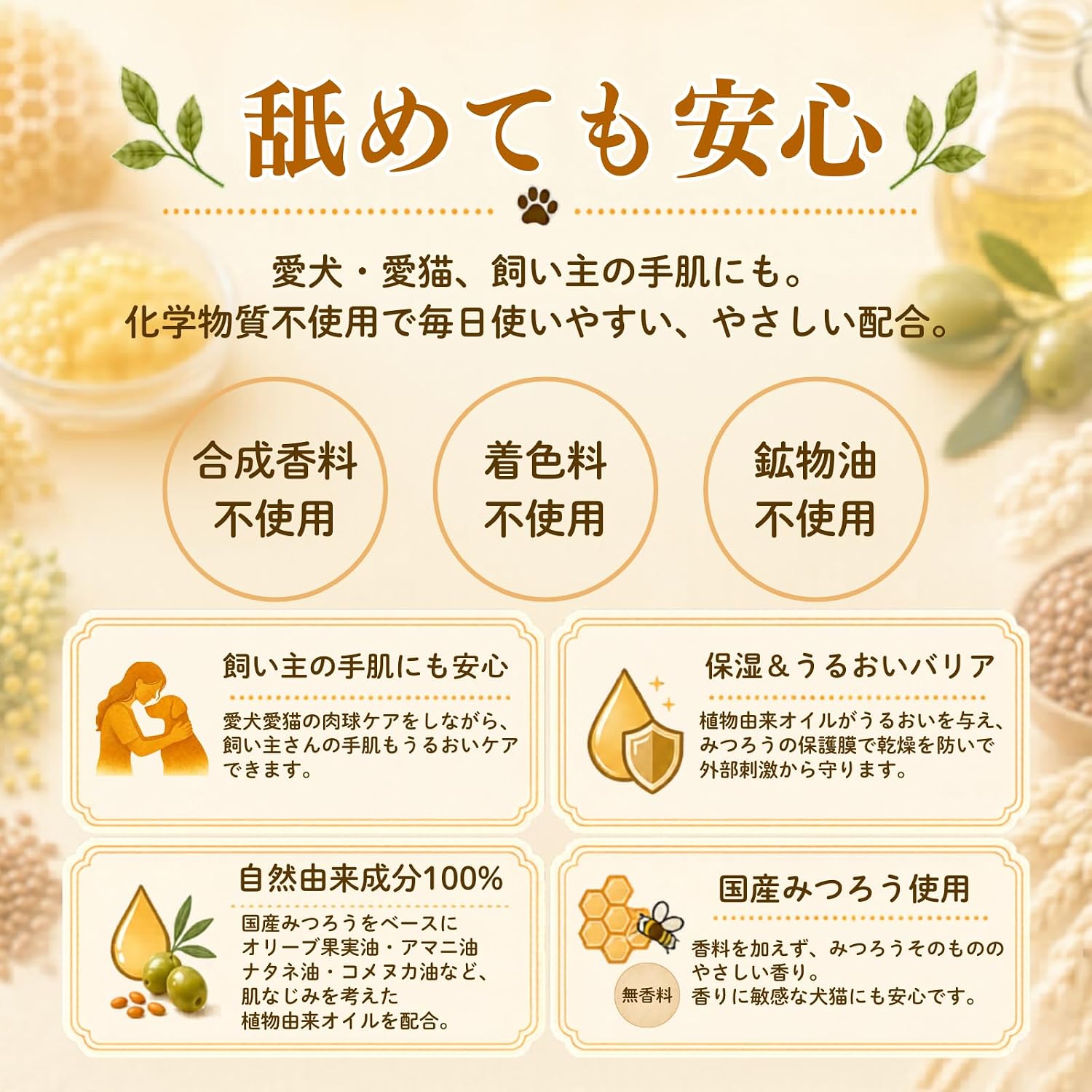 Detalle de しっとり潤うみつろうバーム|肉球用保湿ケア、日本産ミツロウと植物オイル配合