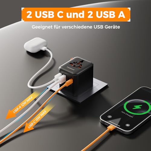 Detalle de TESSAN Reiseadapter Weltweit mit 2 USB-A und 2 USB-C - Schwarz