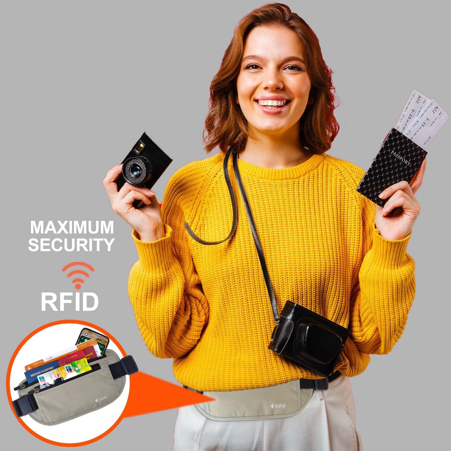 Detalle de Egoo Ultralight RFID Money Belt with Adjustable Elastic Strap (Grey) + 3 RFID Card Protector Sleeves