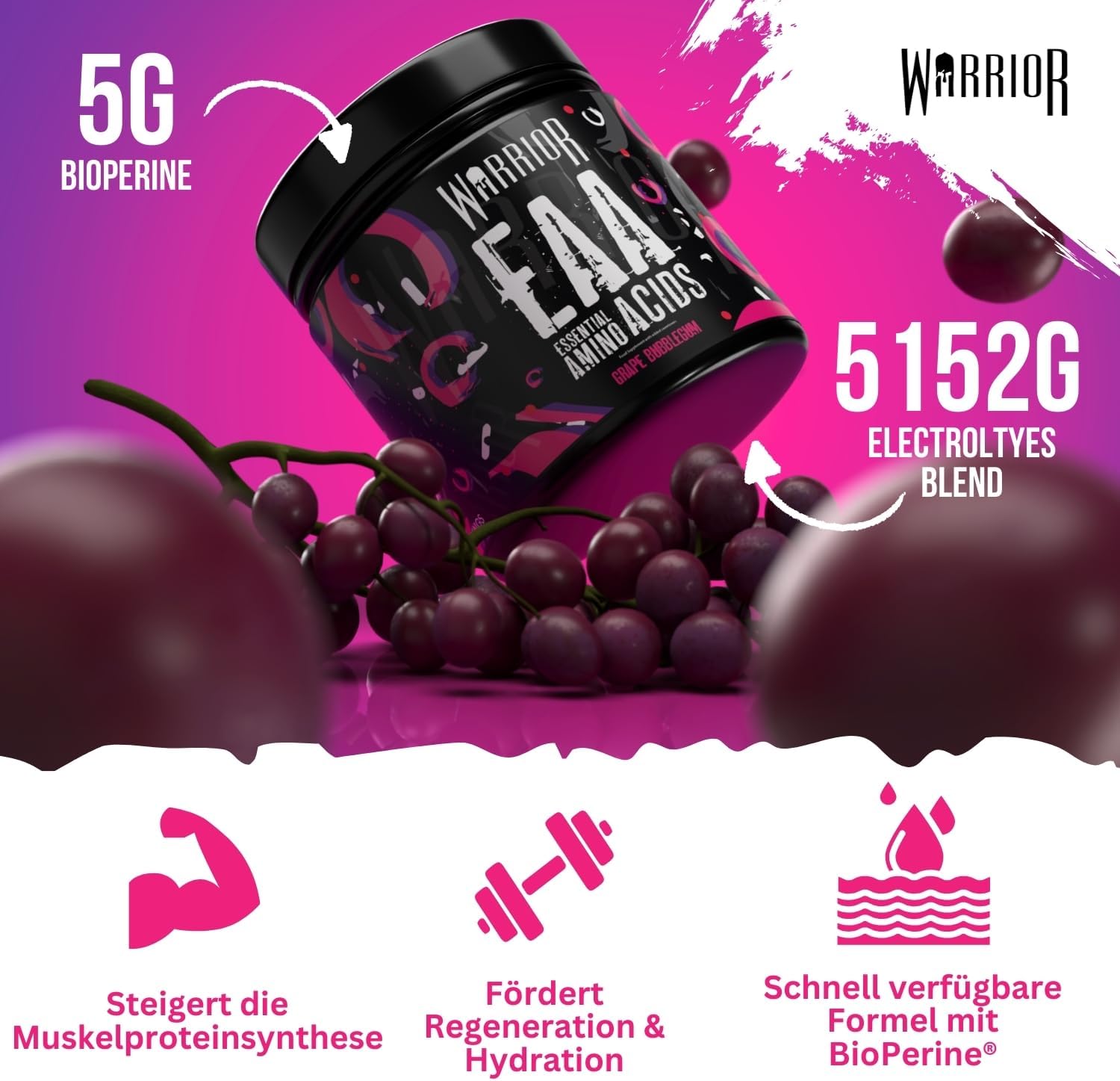 Thumbnail 6 de Warrior EAA Aminosäuren Pulver (360 g, 30 Portionen) – zuckerfrei & vegan, Trauben-Bubblegum