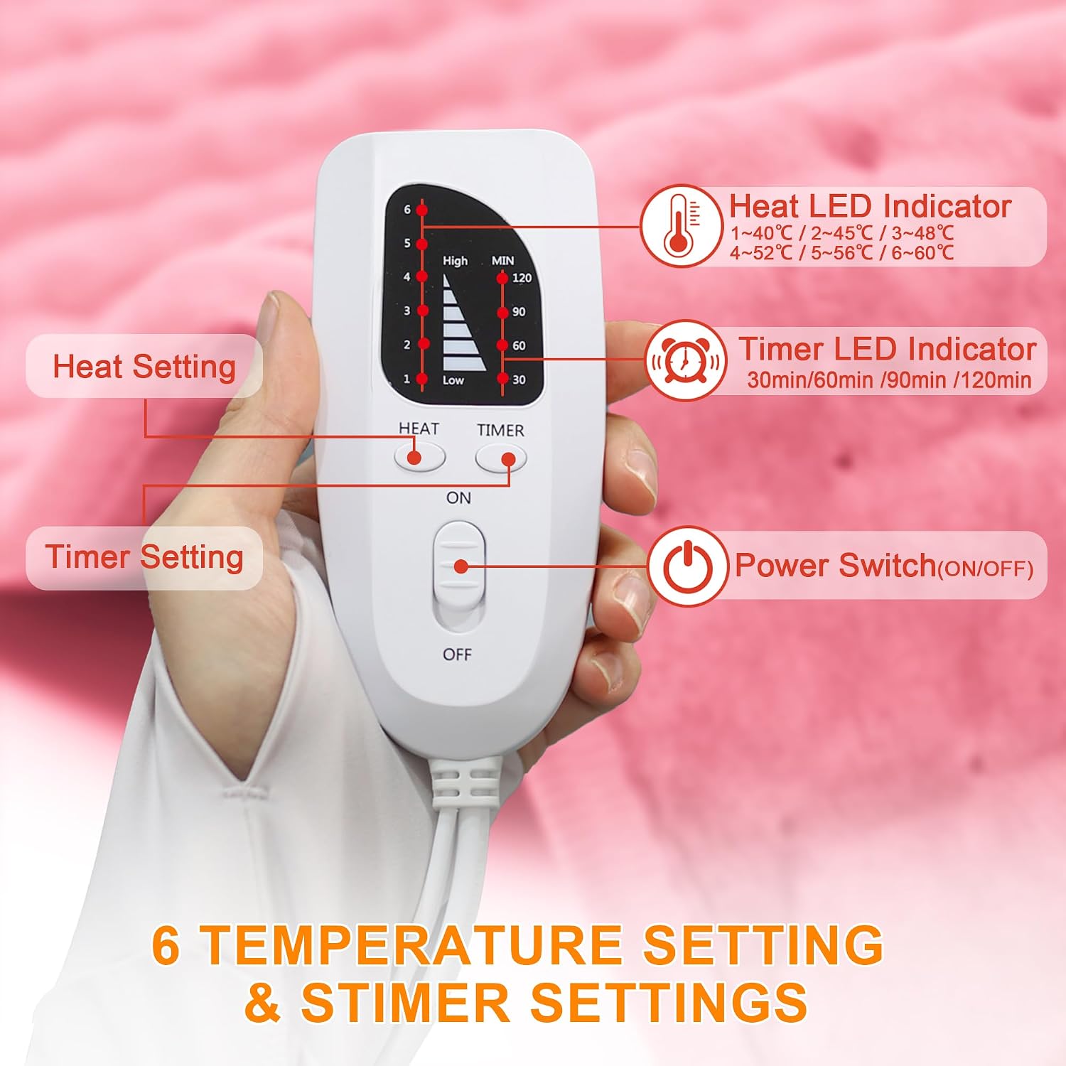 Thumbnail 6 de Deepsoon TK-HP2412 Heating Pad, 6 Heat Settings, Pink, 24" x 12