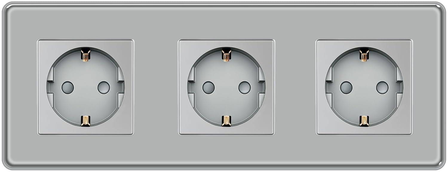 TAWOIA Schuko-Unterputz-Steckdose 3-fach (EU-Standard), 2,5D gebogene Glasplatte, grau