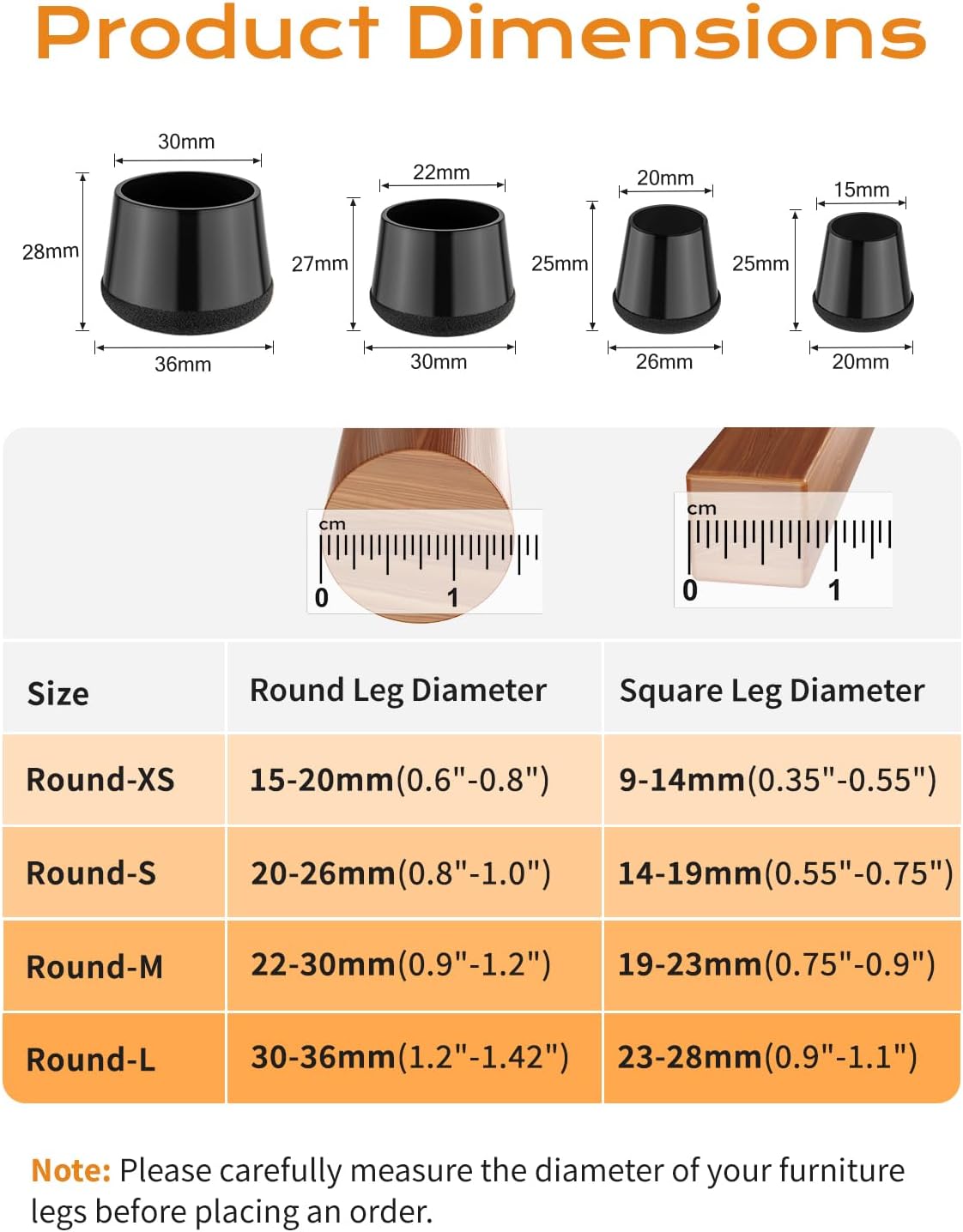 Detalle de Meldel Silicone Black Chair Leg Floor Protectors (Small) – 24 Pack