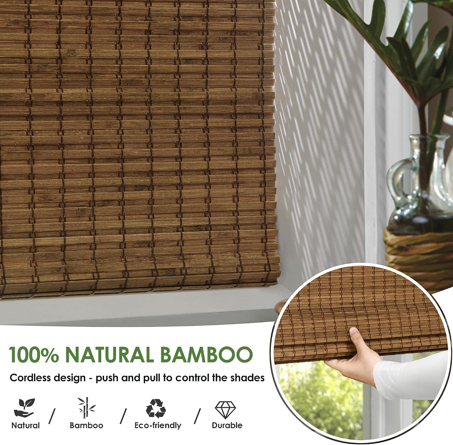 Detalle de LazBlinds 22a08dab-d2e8-4453-83db-160b375d0e4a Cordless Bamboo Roman Shade, 26.5 x 48, Highfield Teak