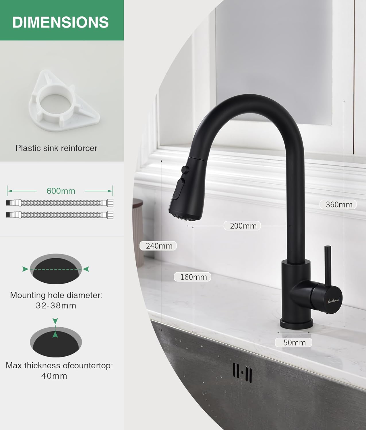 Thumbnail 5 de Wasserhahn Küche Ausziehbar – Hochdruck Küchenarmatur mit 3 Funktionen, 360° Drehbar, ausziehbarer Brausekopf in Schwarz