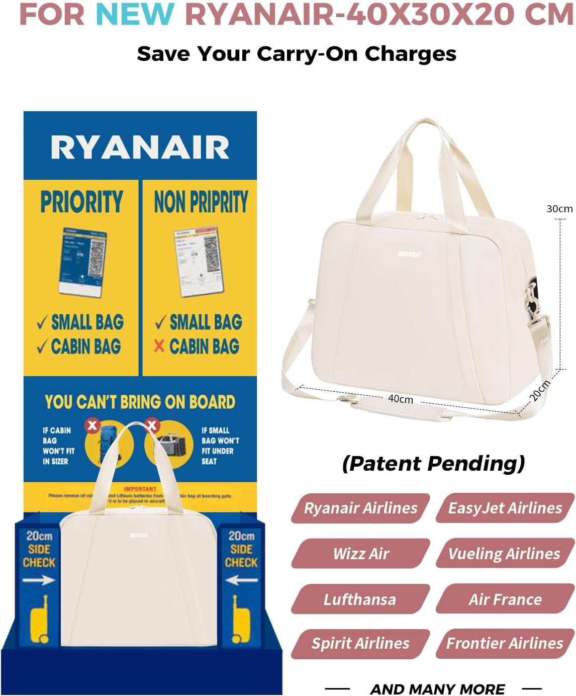 Detalle de WANDF Ryanair Cabin Bags 40x30x20 Underseat Foldable Travel Duffel (Beige, 24L)