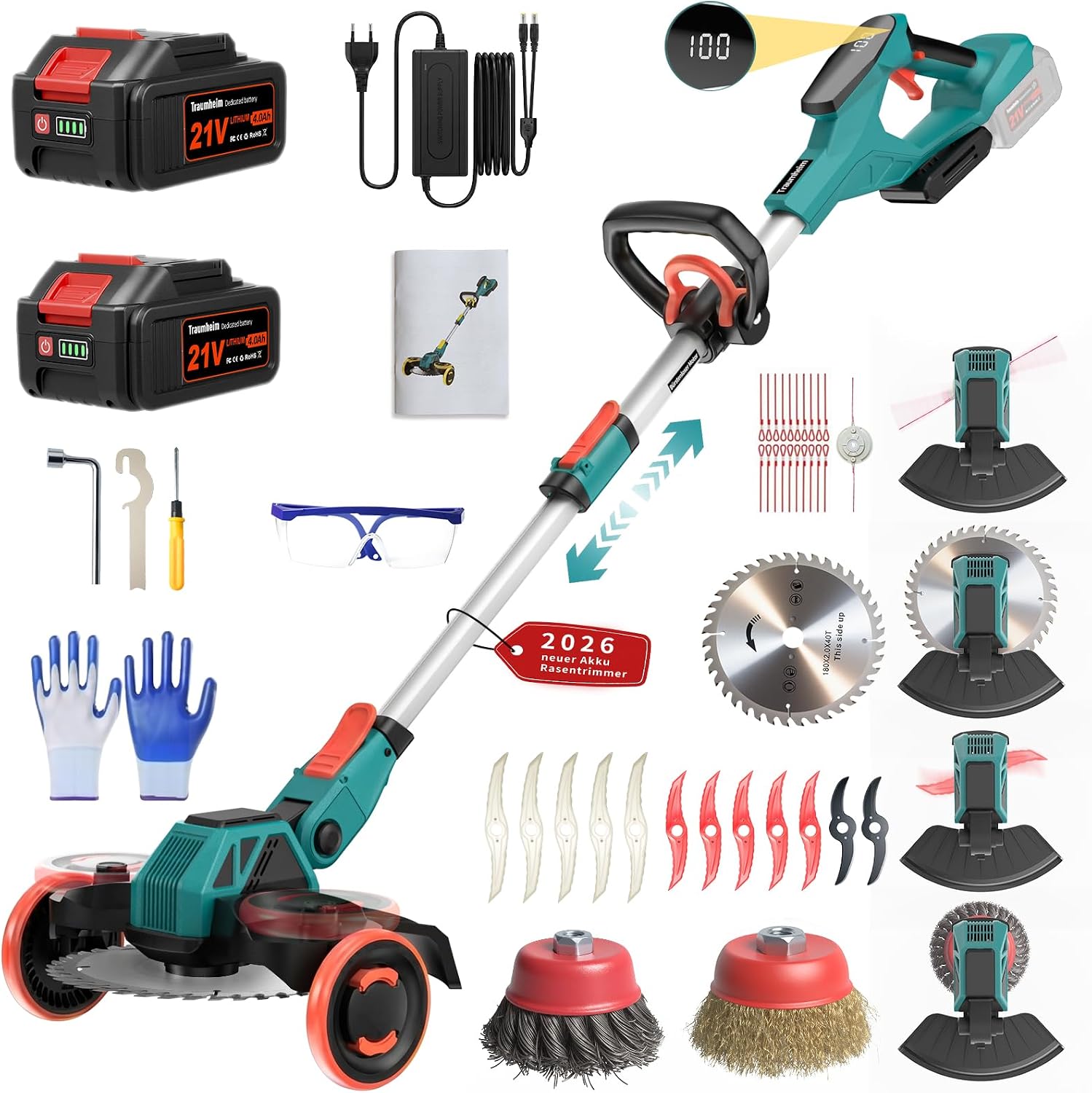 Detalle de Rasentrimmer mit Akku 21V – Makita-Kompatibel, 5-in-1 inklusive Unkrautbürste, 2 × 4,0Ah, 900W bürstenloser Motor