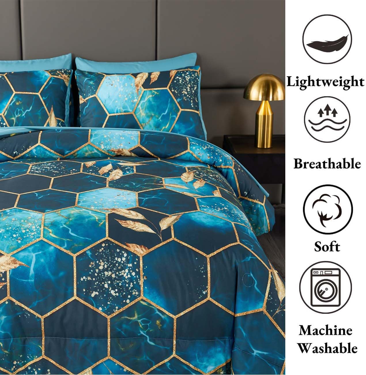 Thumbnail 4 de ANGIYUIN Teal Gold Bedding Set King 7pc