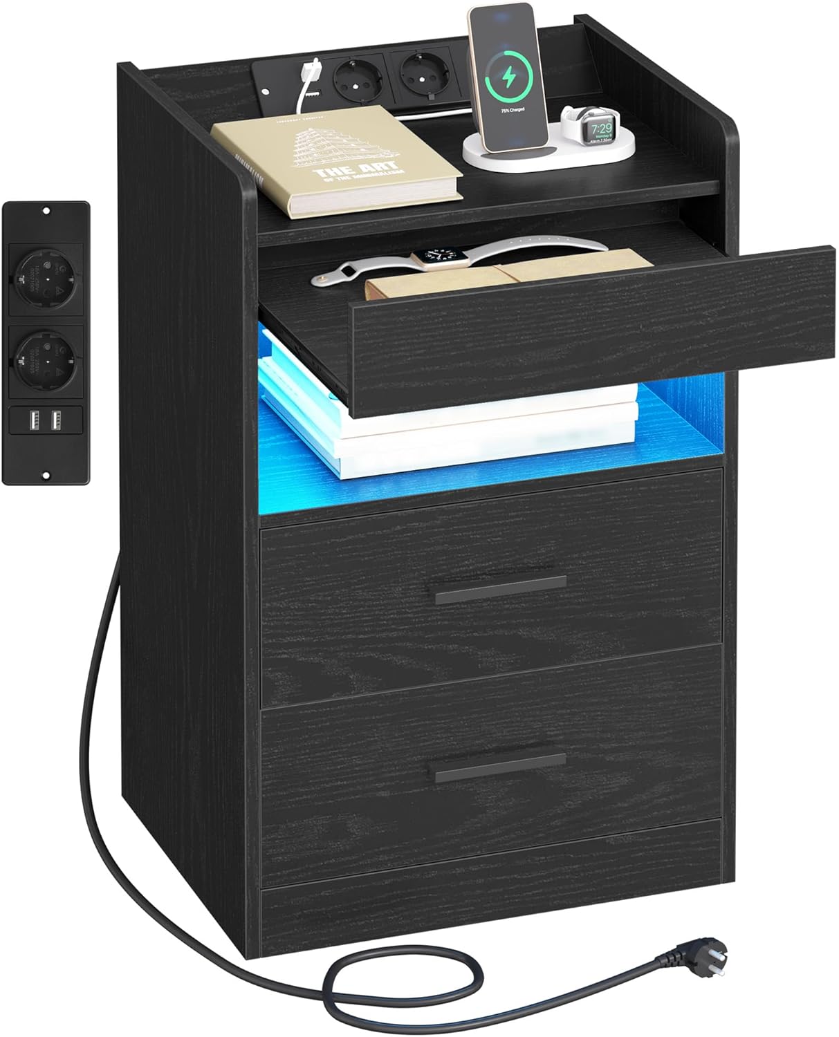 Hzuaneri table de chevet avec compartiment caché, éclairage LED, 2 prises et 2 ports USB (Noir NS33504XEU)