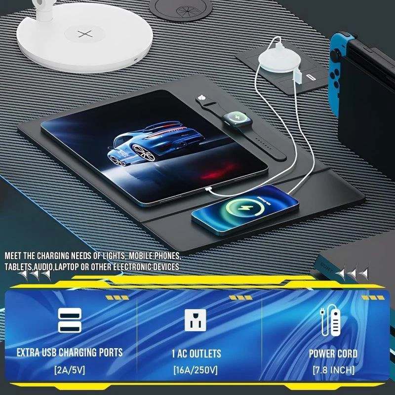 Detalle de Mesa Gaming GTPLAYER L 120x80 cm con superficie de fibra de carbono, estantes ajustables y posibilidad de almacenamiento