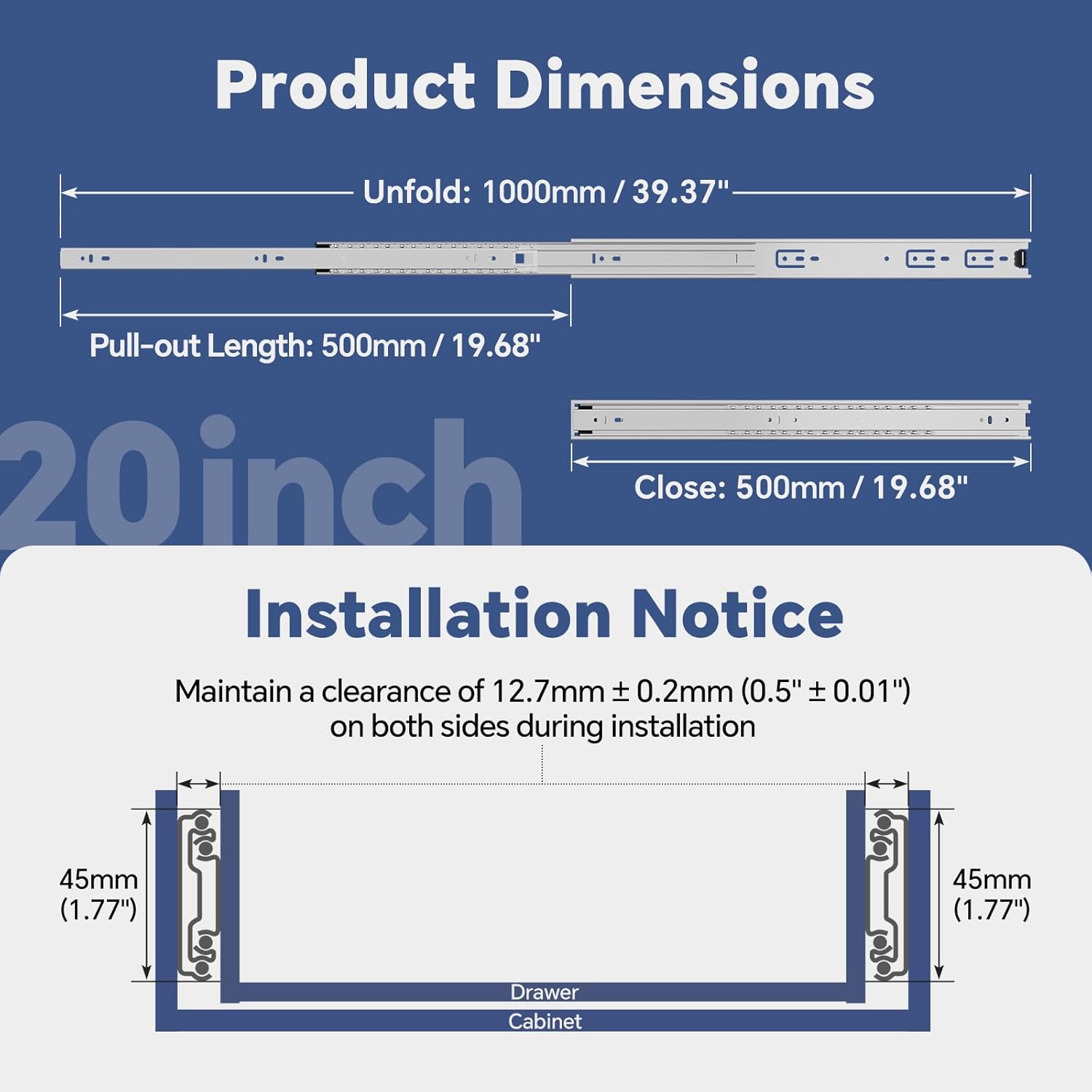 Detalle de ToBeGreat Glissière pour tiroir 500 mm – Rail coulissant à billes, capacité 45 kg par paire
