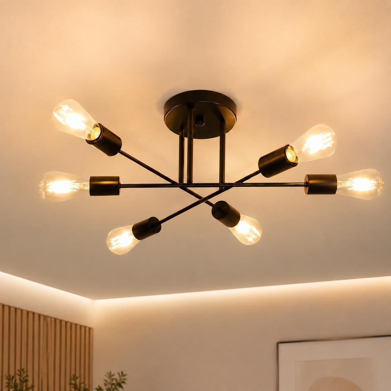 Detalle de CBJKTX G9-BSD – czarna lampa sufitowa, 6 oprawek E27, metalowa