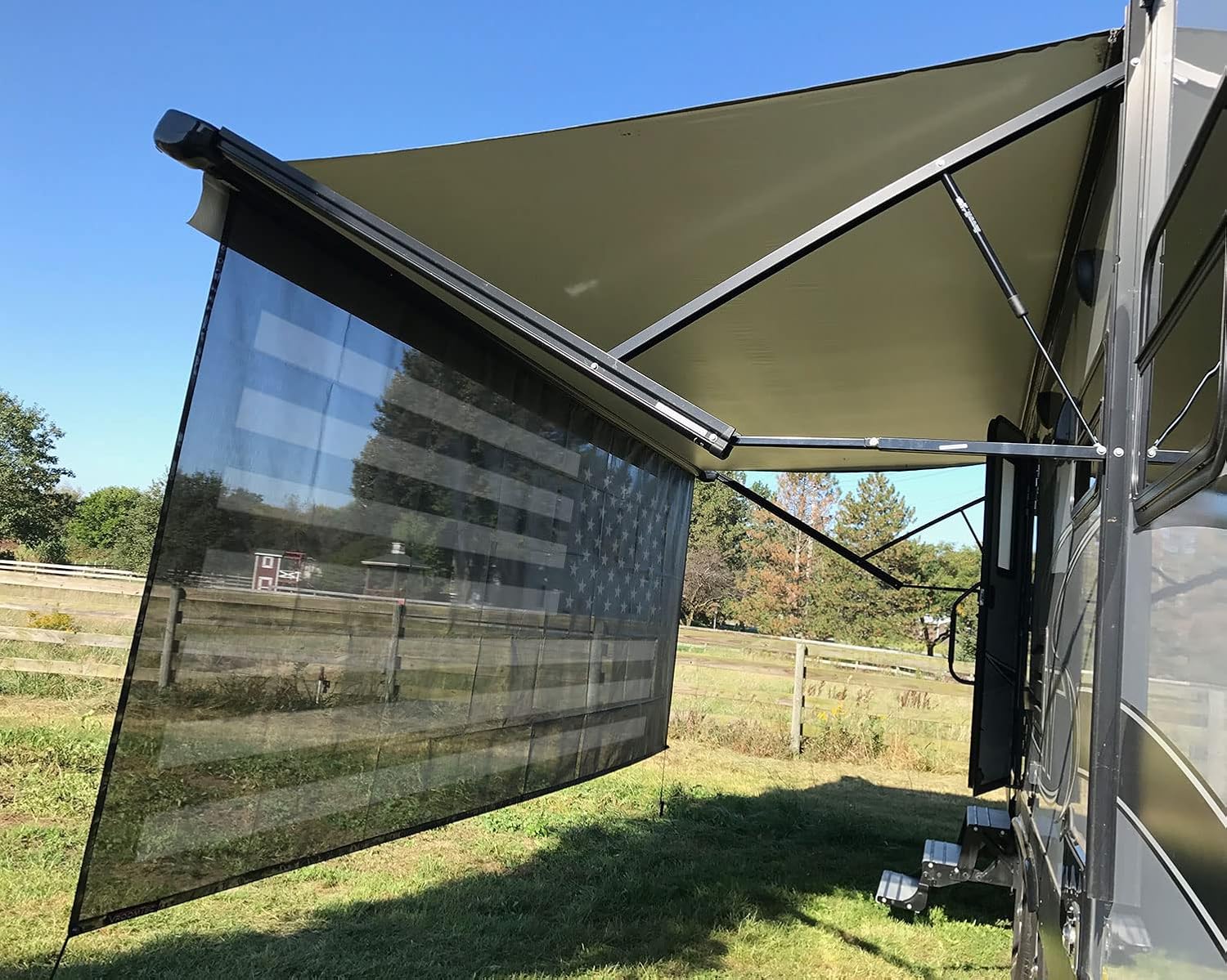 Detalle 2 de Tentproinc RV Awning Sun Shade Screen 8' x 15' 3'' (American Flag) Black Mesh UV Blocker for Camper Trailers