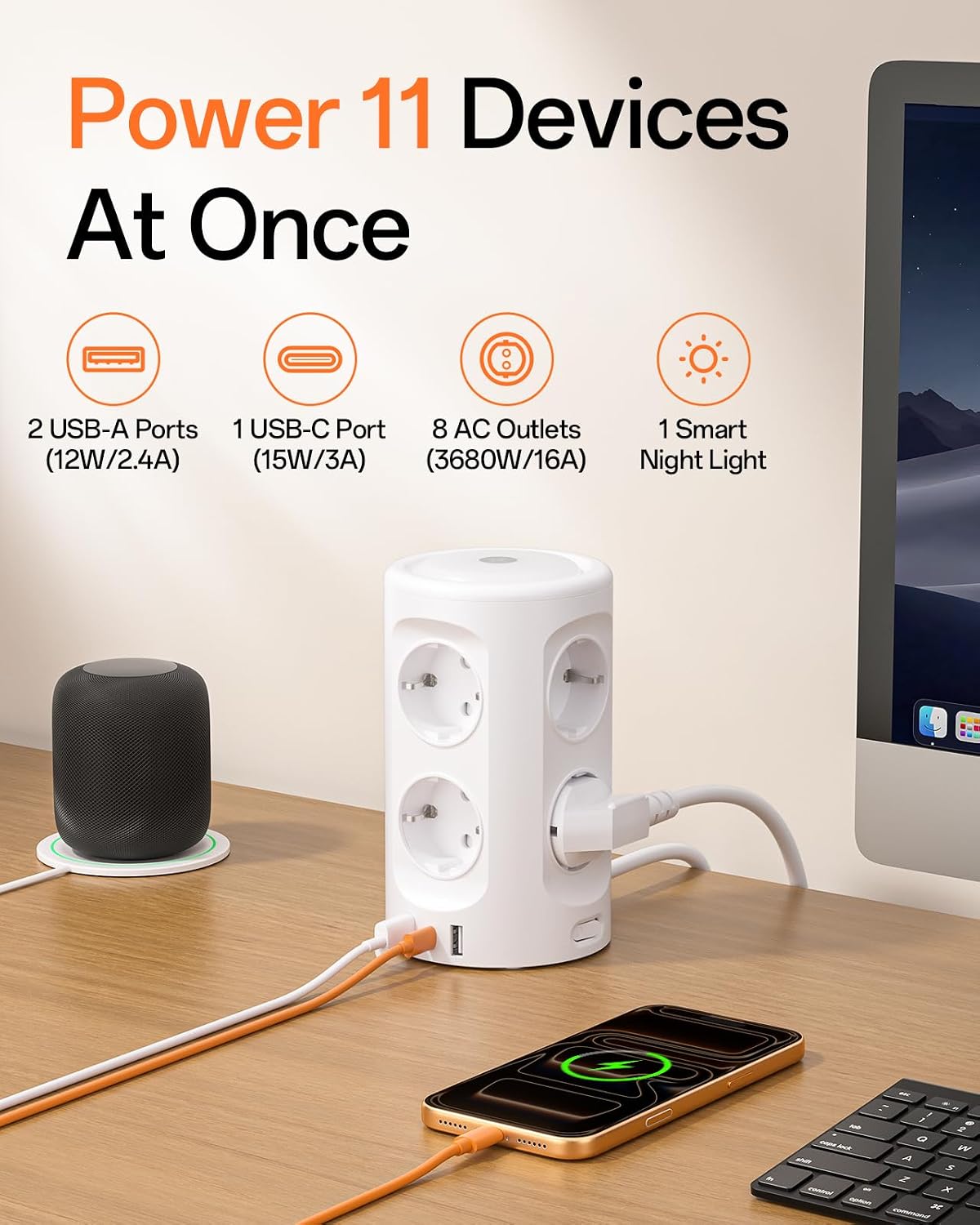 Detalle 2 de KEMELO 8-fach Mehrfachsteckdose mit Nachtlicht und USB‑C, Überspannungsschutz, Schalter & 2‑m-Kabel (3600 W)