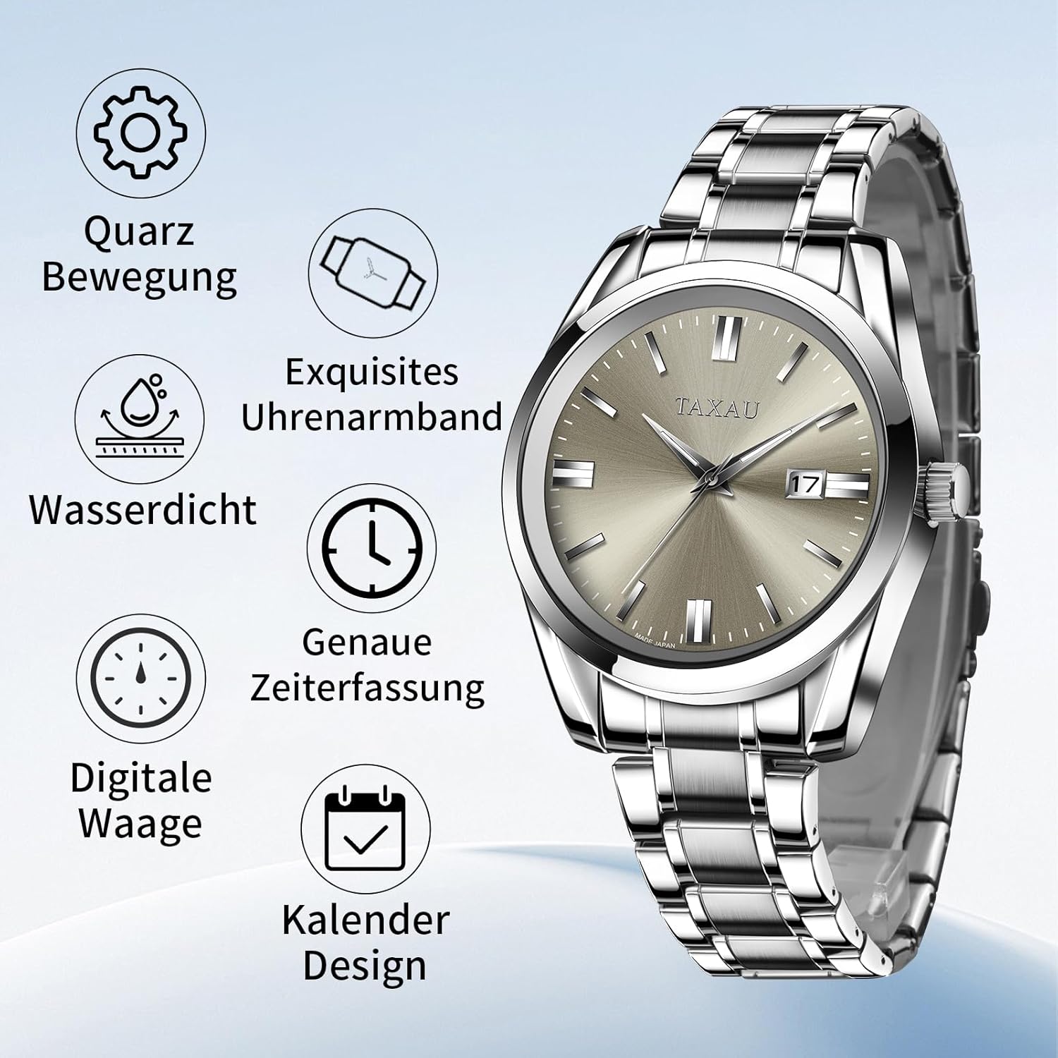 Detalle de Taxau Herren Edelstahl Chronograph Uhr – wasserdicht, Leuchtzeiger & Kalenderfunktion