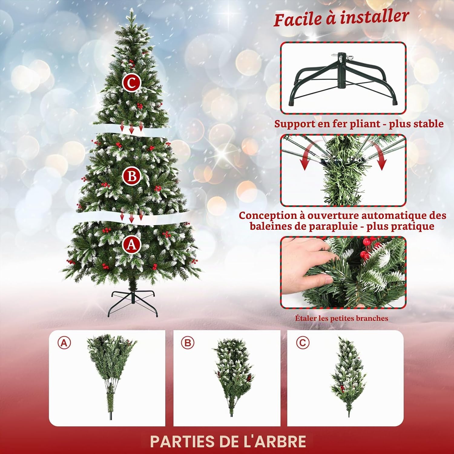 Detalle de Sapin de Noël artificiel Uten 180 cm avec flocons et baies rouges