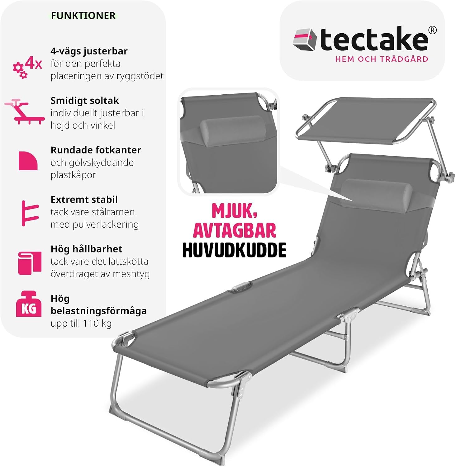 Detalle de tectake Chloé 403413 solstol – hopfällbar med solskydd och fyra rygglägen