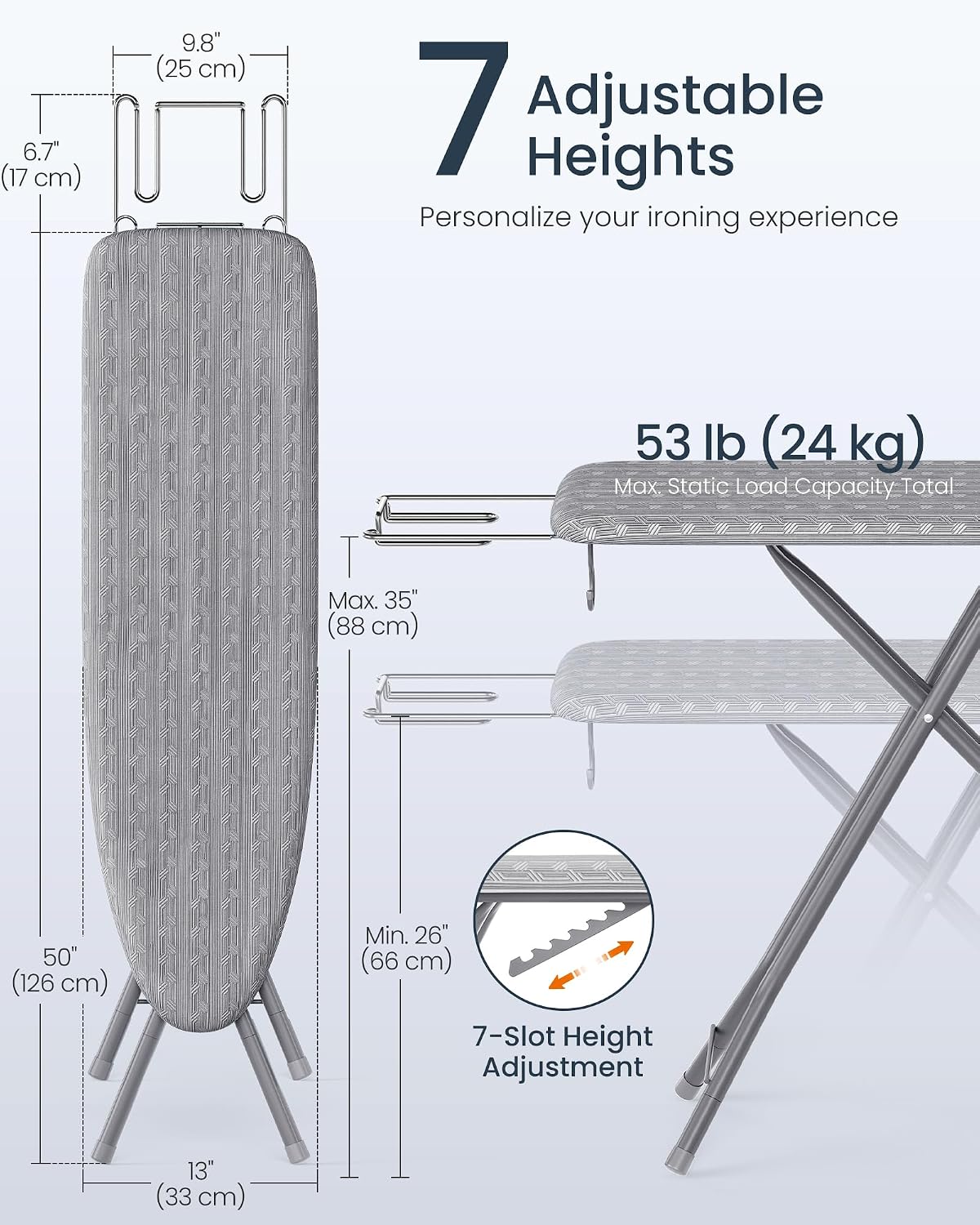 Detalle de SONGMICS BORIX ULLB001G01 Ironing Board, 43 x 13 Inches, Foldable, 7 Heights