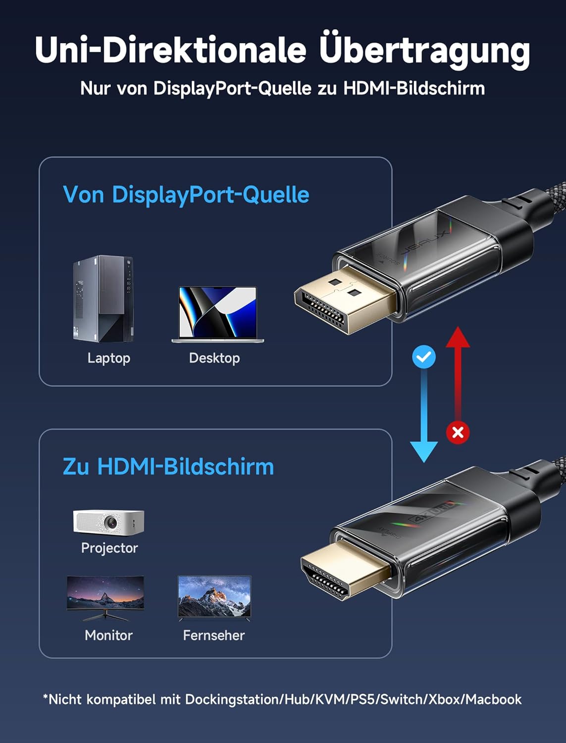 Thumbnail 2 de JSAUX 4K DisplayPort-zu-HDMI-Kabel (DP → HDMI) bis 4K@60Hz, 2K@120, 1080P@120, 2 m