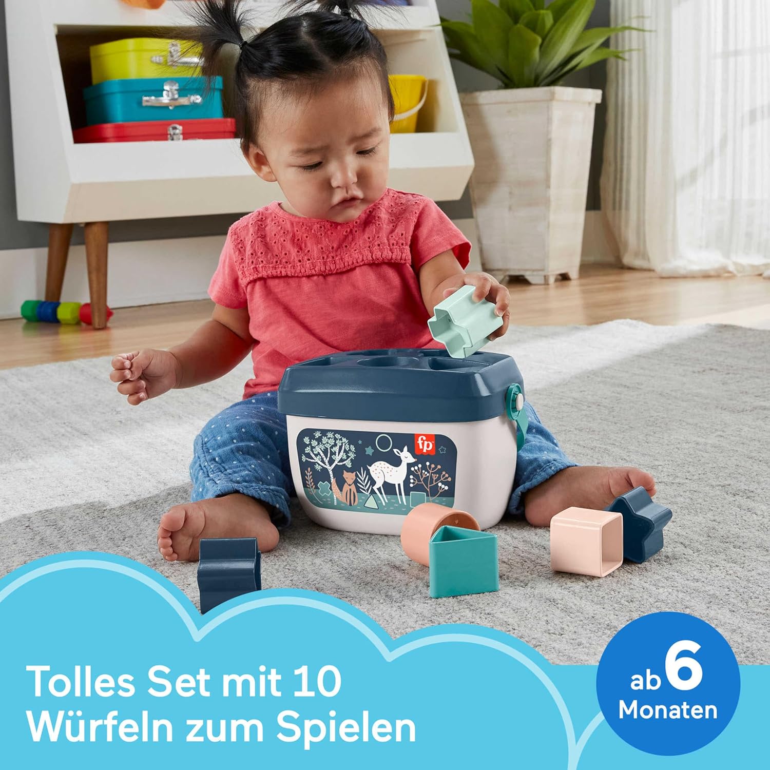Detalle de Fisher-Price Babys erste Bausteine – Marineblaues Kitz (HJP20): Set mit 10 Bausteinen zum Stapeln und Sortieren