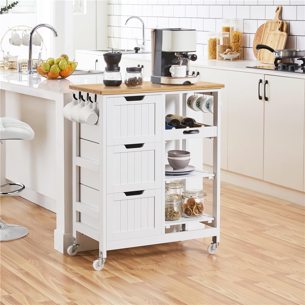 Detalle 2 de Yaheetech Carrello Cucina con Ruote 3 Cassetti e 3 Ripiani in Legno — Salvaspazio, Bianco, 67×37×84,5 cm