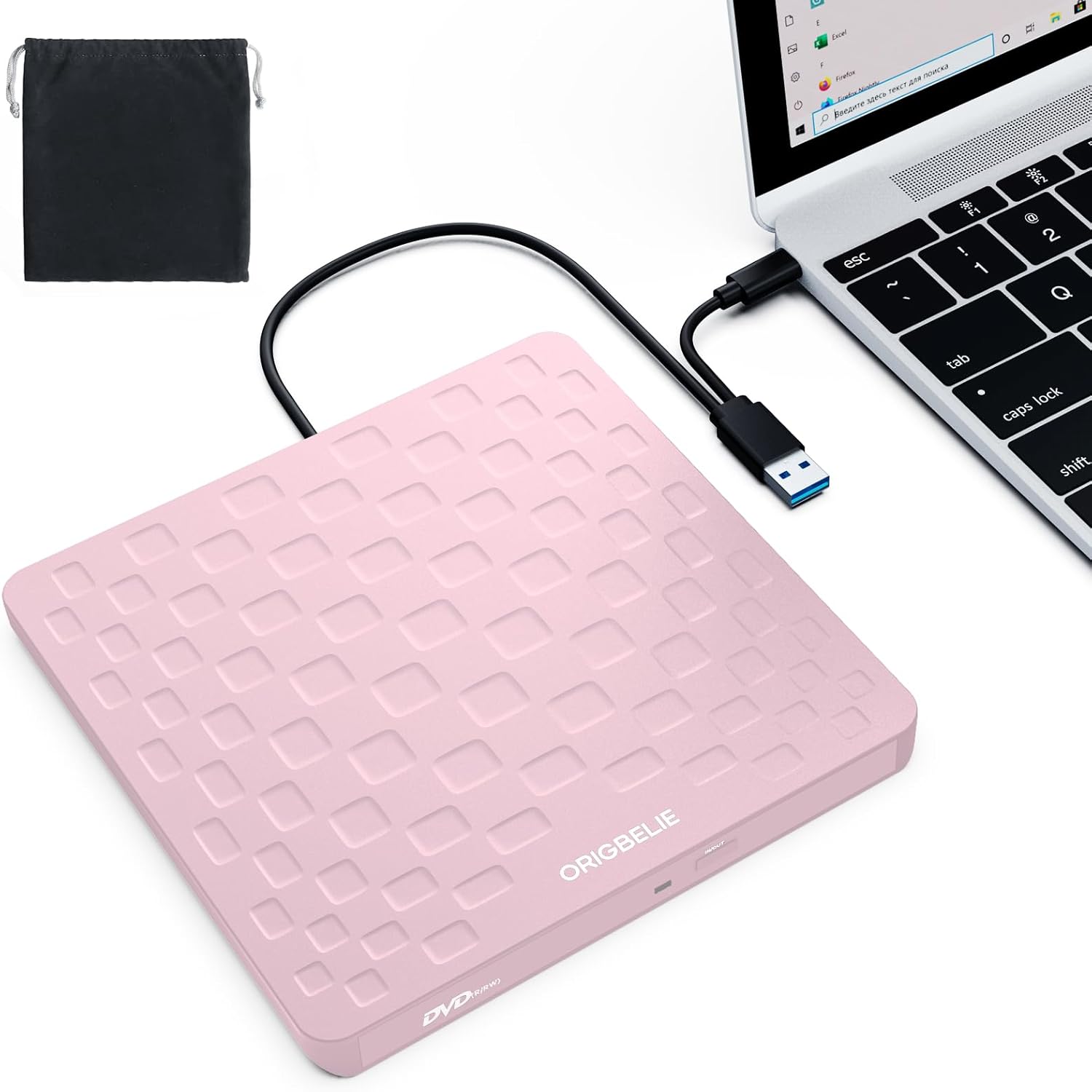 Detalle de ORIGBELIE TP520-Pink External CD/DVD Drive, USB 3.0, Type-C, 13mm