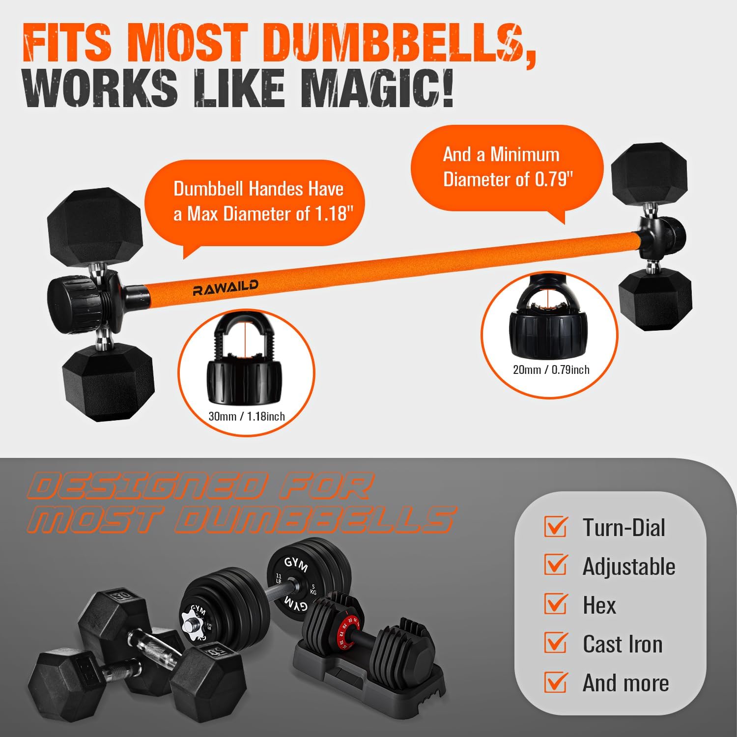 Detalle 2 de Rawaild Dumbbell Converter Bar with Foam Handle and Rotating Lock