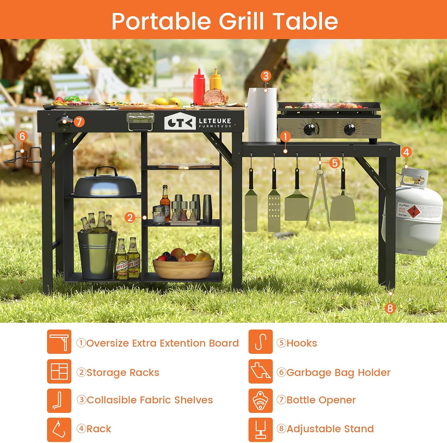 Detalle 2 de Leteuke OTG-01 Folding Grill Table with Storage Shelves and Hooks