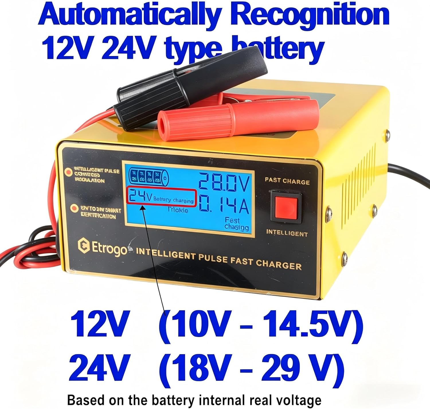 Thumbnail 4 de Etrogo 12V/24V Intelligent Battery Charger 10A with Large Display and Repair Function (UK mains)