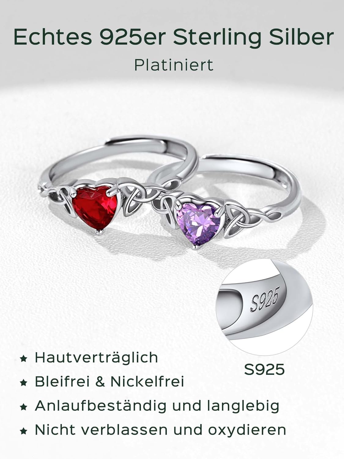 Thumbnail 5 de ChicSilver Ring 925 Silber Damen – VerstellbarerRing mit Zirkonia, Herz-Geburtsstein und keltischen Knotenelementen