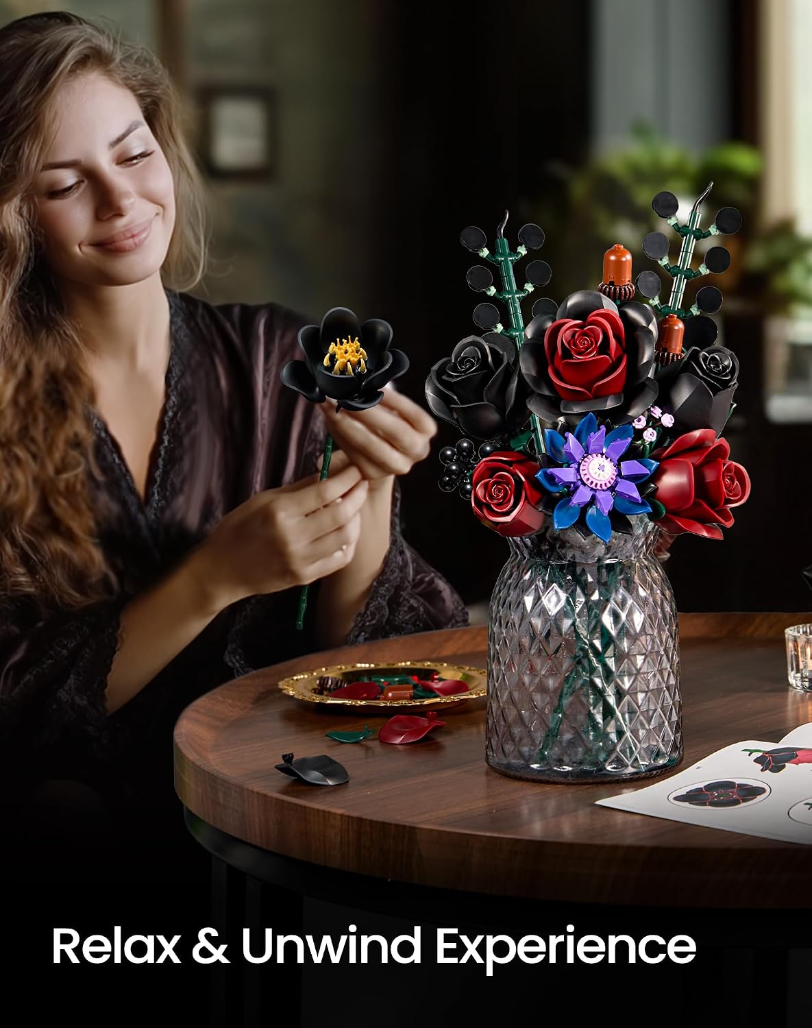 Detalle 2 de iATOM Black Burgundy Red Rose Bouquet 12pcs 🏵